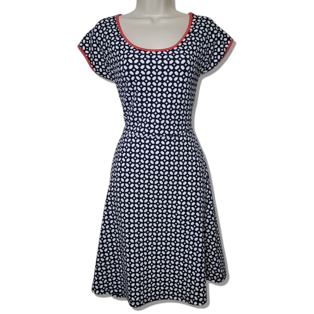 Hailey:23 Rinna Knit Navy Geometric Print Orange Trim Fit & Flare Mini Dress